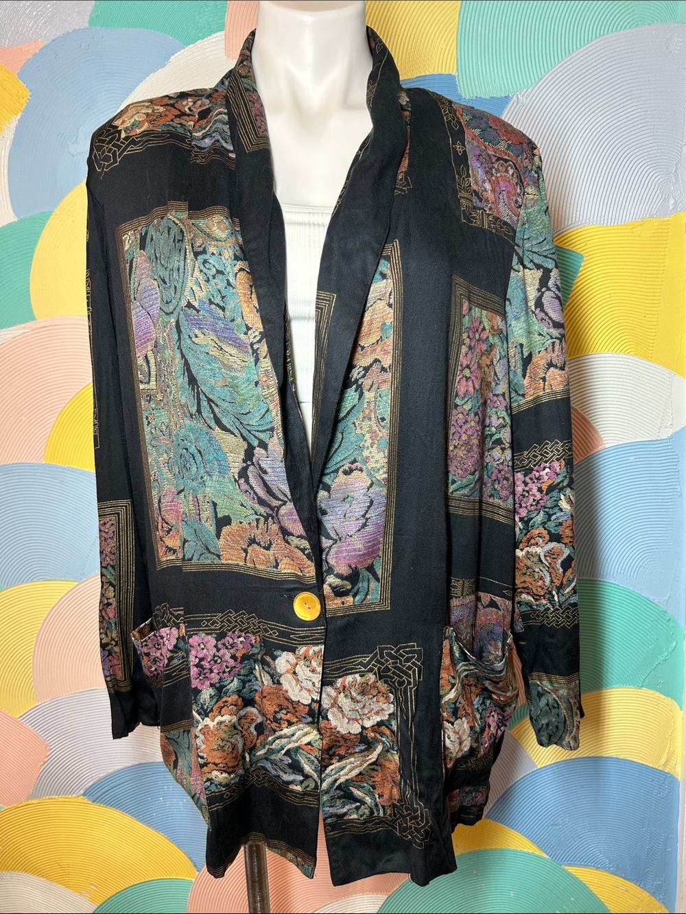 Kensington Square Vintage 80-90s Floral Pattern Black Jacket Multicolor Floral